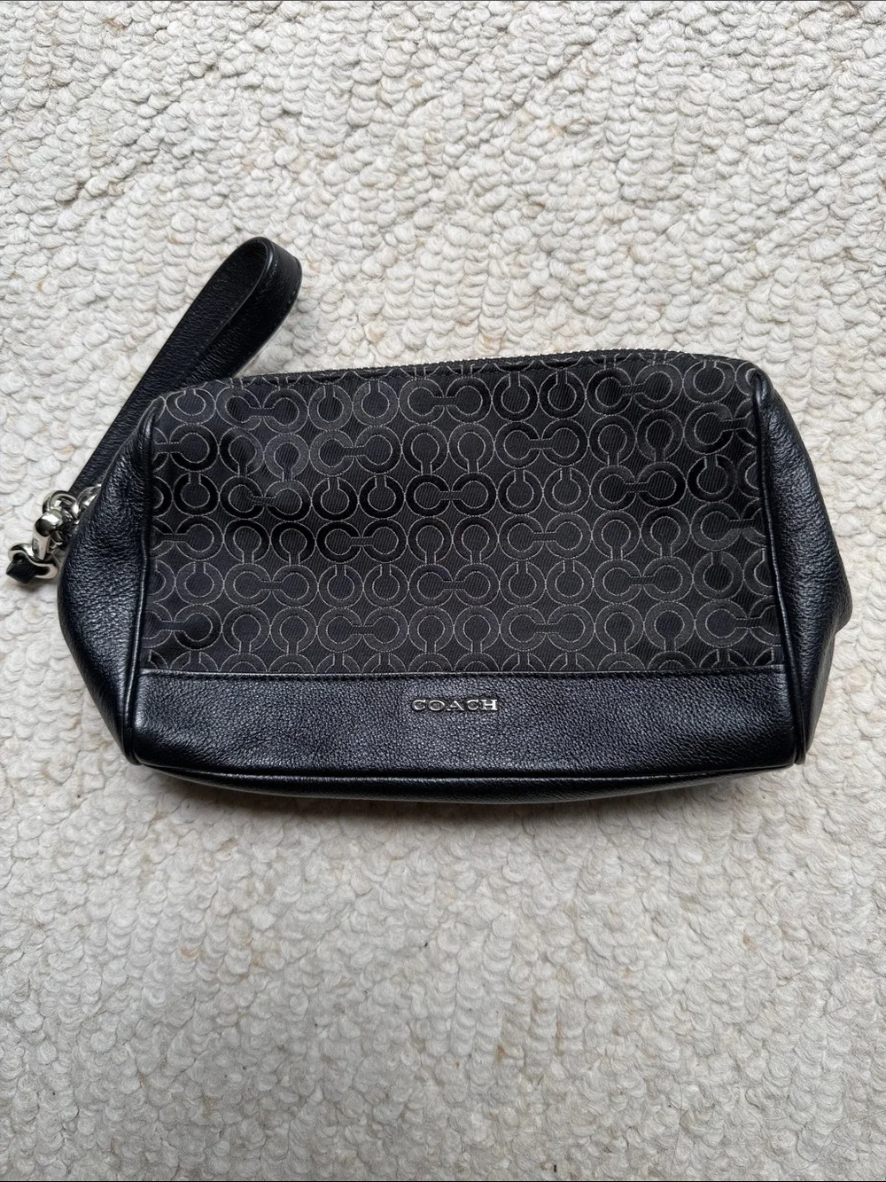 Coach Black Signature Wristlet Pouch with Leather Trim